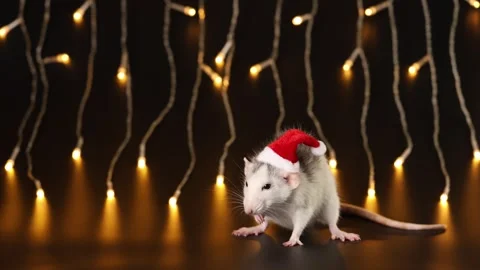 Rat in red Santa hat isolated on black background. Mouse and New Year Stock Footage 291250900
