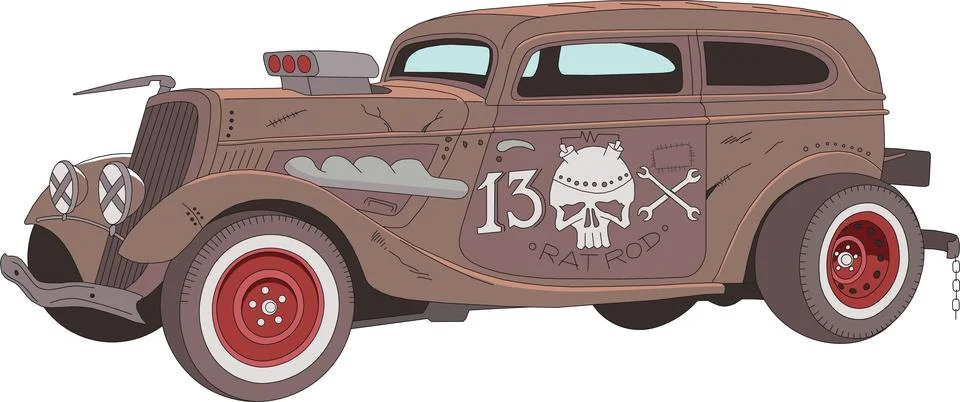 Rat rod coupe vector 1930-40s style color and line poster Stock Illustration