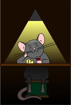 A Rat Sits In A Bar, Drinks Wine, Eats Cheese. Rat Behind The Bar. Cute Carto Stock Illustration