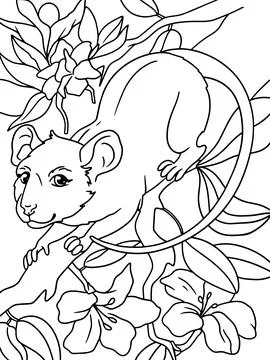 Rat on a tree branch, flowering tree. Children coloring book. Vector. Stock Illustration