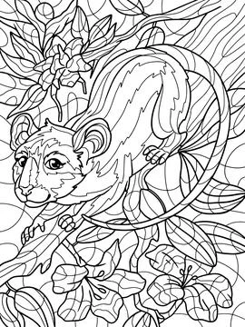 Rat on a tree branch, flowering tree. Antistress for children and adults Stock Illustration
