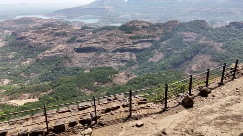 Ratangad fort cliff edge trail and railing aerial Maharashtra India Stockbeeldmateriaal 341127790