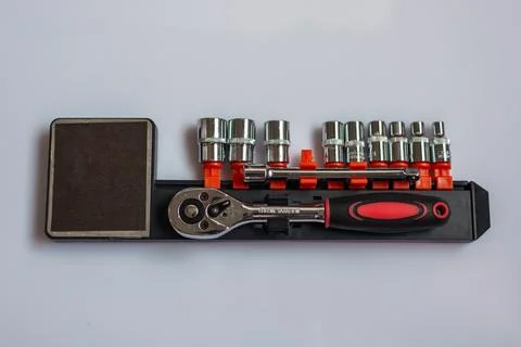 Ratchet Socket Wrench Tool Set on White Background Stock Photos