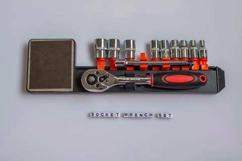 Ratchet Socket Wrench Tool Set on White Background with name Stock Photos