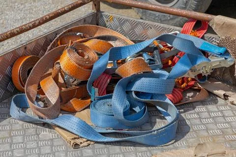 Ratchet Straps Cargo Trailer 스톡 사진