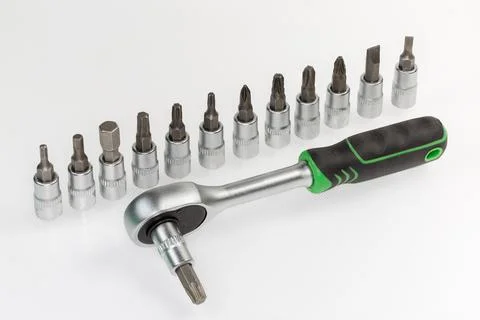 Ratchet wrench with inserted torx shape bit, interchangeable bits set Foto stock