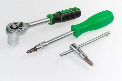 Ratchet wrench with socket, nut driver, T-handle with bits 스톡 사진