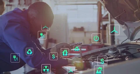 Ratcheting tech in blue coverall fixing battery clamp in garage as green icons Stock Footage 331833346