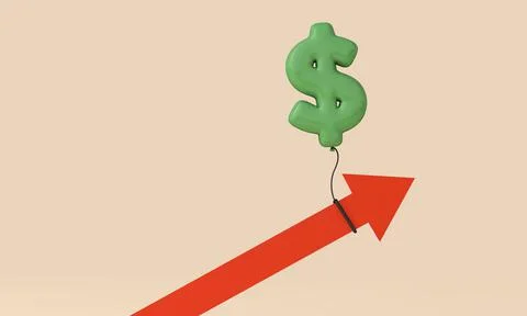 Rate of inflation concept. Red arrow being pulled up by a dollar sign balloon Stock Illustration