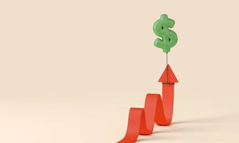 Rate of inflation concept. Red arrow being pulled up by a dollar sign balloon Stock Illustration