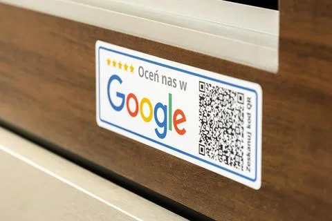 Rate us on Google QR code sticker object detail, closeup, nobody, no people.. Stock Photos