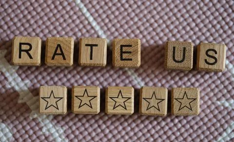 Rate us text and empty stars of customer recommendation Stock Photos