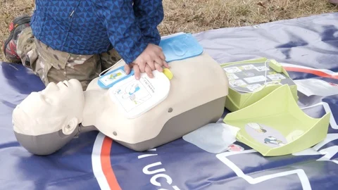 Rates of first aid from the Red Cross - chest compressions On A Mannequin Stock Footage 97057770