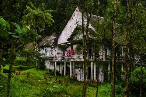 A rather spooky old building in the middle of the forest Stock Photos