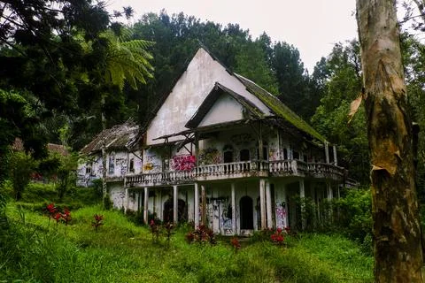 A rather spooky old building in the middle of the forest Stock Photos