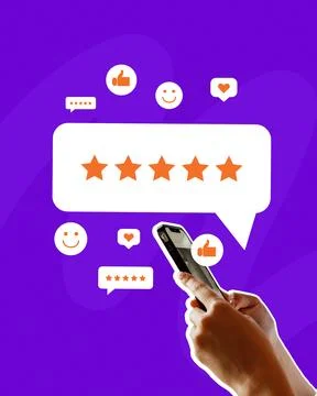 Rating and feedback process on smartphone with review icons Stock Photos