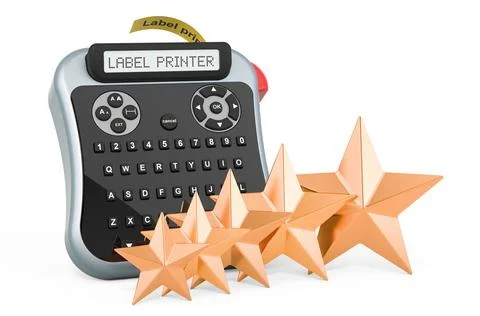 Rating of label printers concept. Label printer with five golden stars, 3D re Stock Illustration