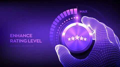 Rating levels knob button. Increasing customer review rating. Wireframe hand  Stock Illustration