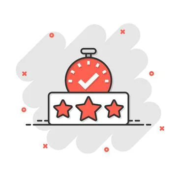 Rating result icon in comic style. Clock with stars cartoon vector illustrati Ilustración de archivo