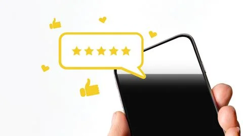 Rating system for mobile applications with five stars and user reactions Stock Photos