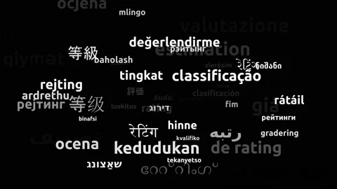 Rating Translated in 57 Worldwide Languages Endless Looping 3d Zooming Wordcl Video stock 145201096