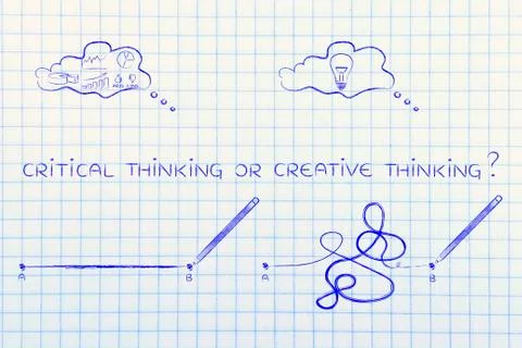 Rationality vs creative process, point A to B lines and thought bubbles 스톡 일러스트
