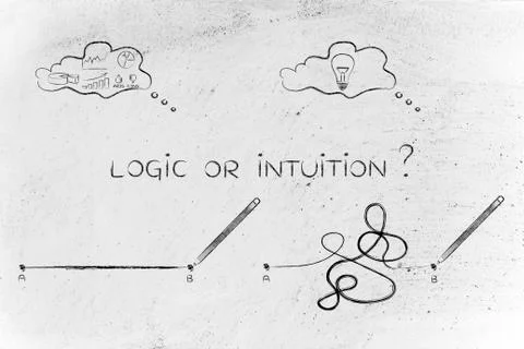 Rationality vs creative process, point A to B lines and thought bubbles Stock Illustration