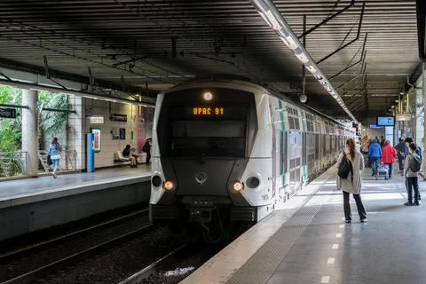 RATP - RER double decker train at Bussy St George Station, Paris, France Stock Photos