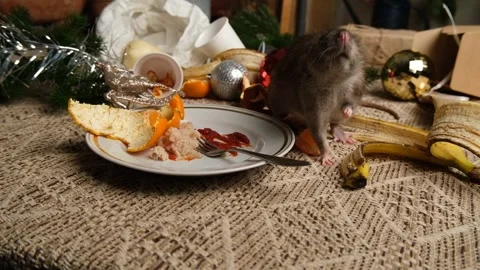 Rats are running on the table with leftover food and holiday messy. Stock Footage 295521407