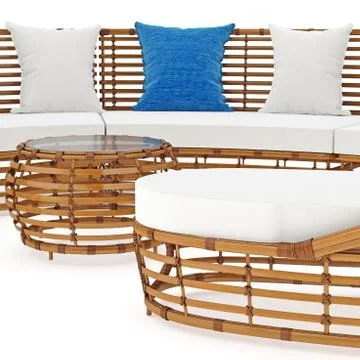 Rattan sofa in close view. 3D graphic Illustrazione stock