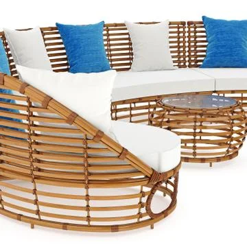 Rattan sofa end coffee table an close view. 3D graphic Illustrazione stock
