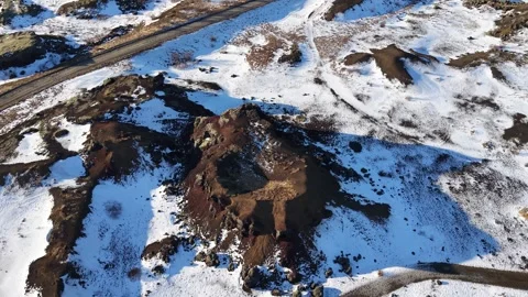 Rauðhólar Iceland Drone 4K – Red Volcanic Craters in Snow, Lava Field Landscape Stock Footage 331252143