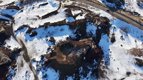 Rauðhólar Iceland Drone 4K – Red Volcanic Craters in Snow, Lava Field Landscape Stock Footage 331252144