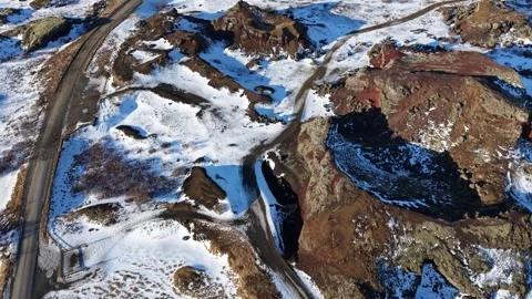 Rauðhólar Iceland Drone 4K – Red Volcanic Craters in Snow, Lava Field Landscape Stock Footage 331252145