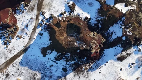 Rauðhólar Iceland Drone 4K – Red Volcanic Craters in Snow, Lava Field Landscape Stock Footage 331252154