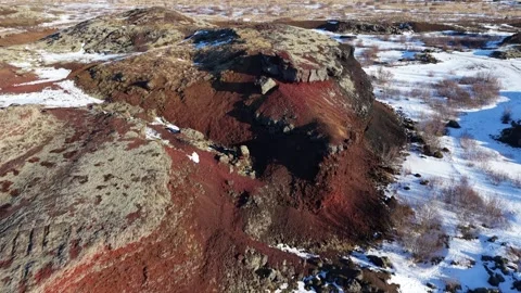 Rauðhólar Iceland Drone 4K – Red Volcanic Craters in Snow, Lava Field Landscape Stock Footage 331252170