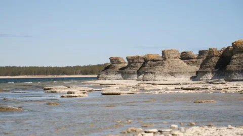 Rauk Stacks at Fields of Neptune, Oland Island, Sweden, Pan shot Stock Footage 208865385