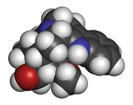 Rauwolscine alkaloid molecule. 3D rendering. Stock Illustration