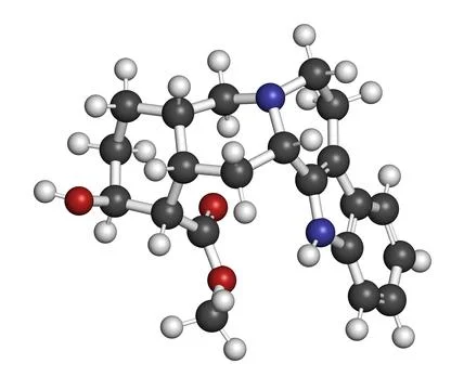 Rauwolscine alkaloid molecule. 3D rendering. Stock Illustration