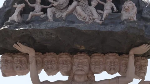 Ravana Lifting Mount Kailash with Lord Shiva and Goddess Parvati Statue in .. Stock Footage 336884464