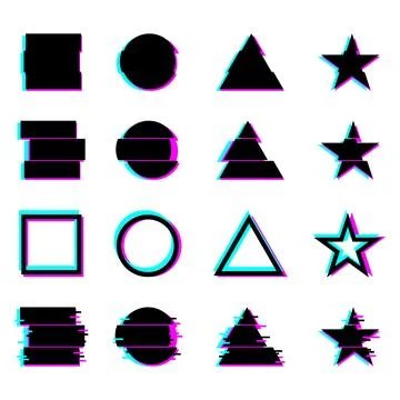 Rave glitch square, circle, triangle and star shapes. Modern icons set for desig Ilustración de archivo