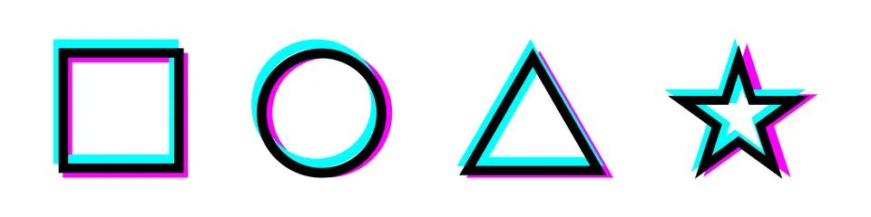 Rave glitch square, circle, triangle and star shapes. Modern icons set for desig Ilustración de archivo