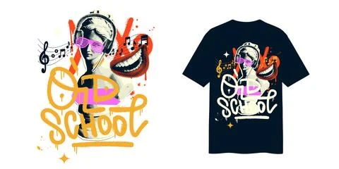 Rave tee print in psychedelic retro acid trippy style. Hipster head of statue in Stock Illustration