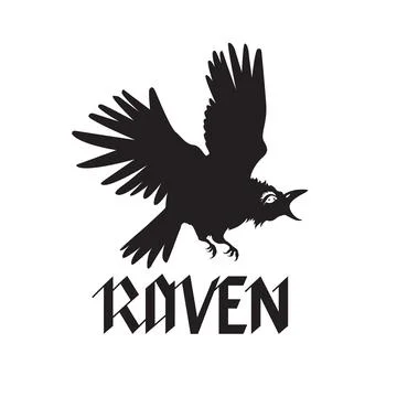 Raven bird vector illustration, logo raven, emblem black and white, one color. Stock Illustration