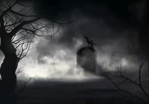Raven on gravestone at old cemetery vector Stock Illustration