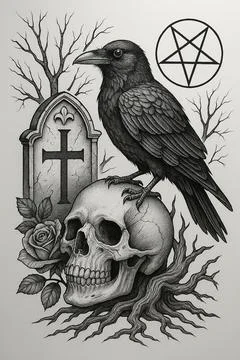 Raven Skull Grave Gothic Stock Illustration