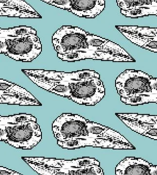 Raven Skull pattern pixel art. 8 bit Raven head skeleton background. pixelate Stock Illustration