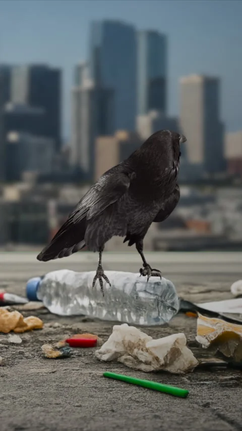 Raven on street trash vertical Stock Footage 345687148