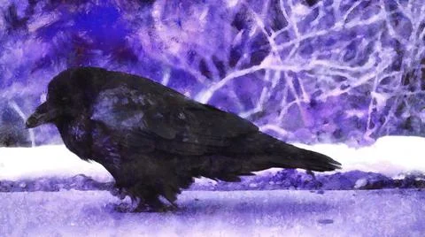 Raven on a winter background. Layers of paint on canvas Stock Illustration