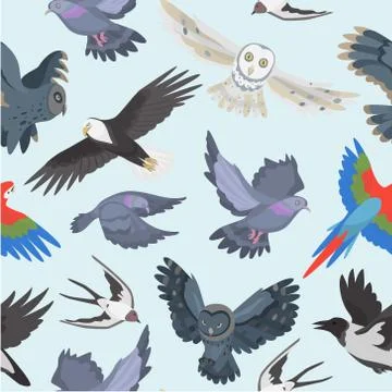 Ravenous birds seamless pattern, vector illustration. Owls, eagle, parrot and Stock Illustration